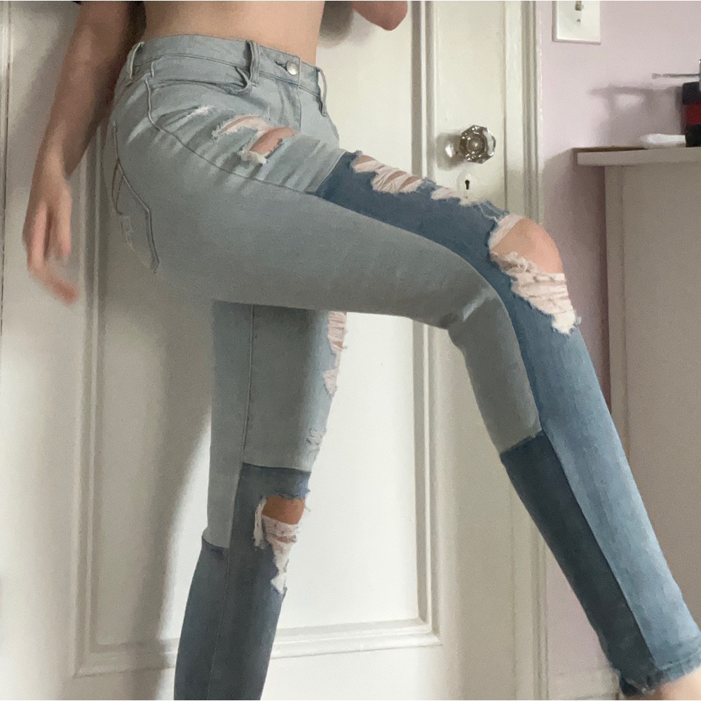 Cool Super Distressed Patchwork Two-Tone Skinny J… - image 4